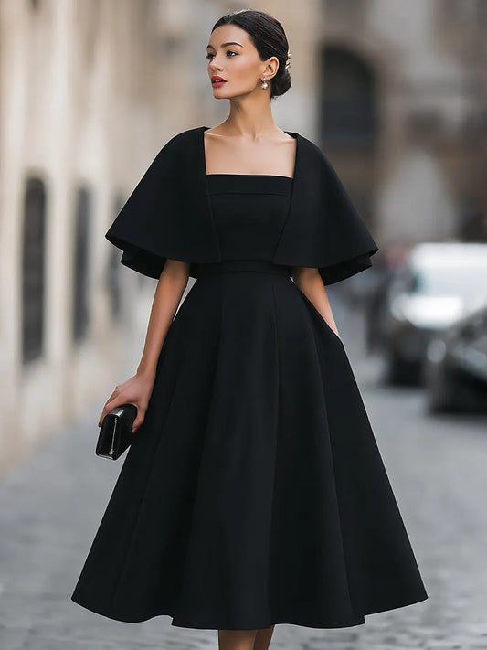 Robe midi trapèze à encolure carrée et cape superposée