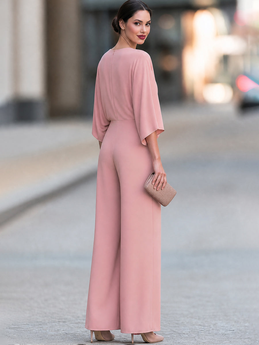 Women's V-Neck Batwing Sleeve Draped Wide Leg Jumpsuit