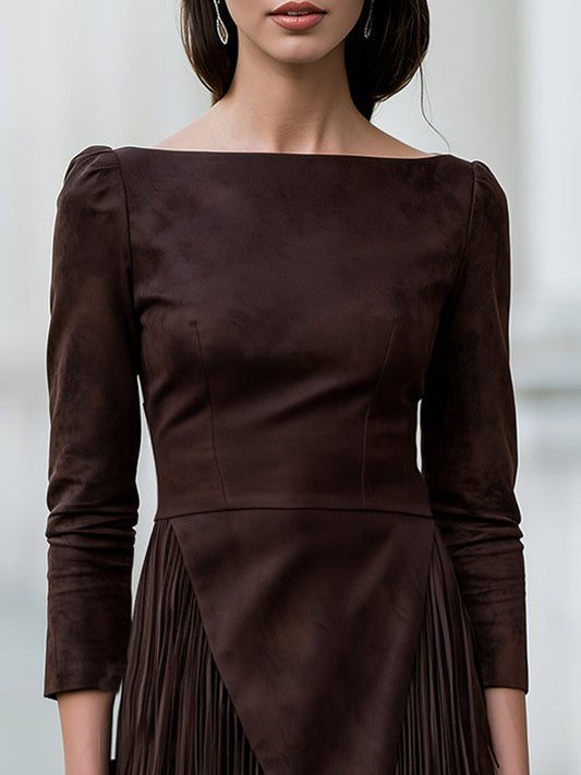 Soft Faux Suede Layered Tassel Midi Dress