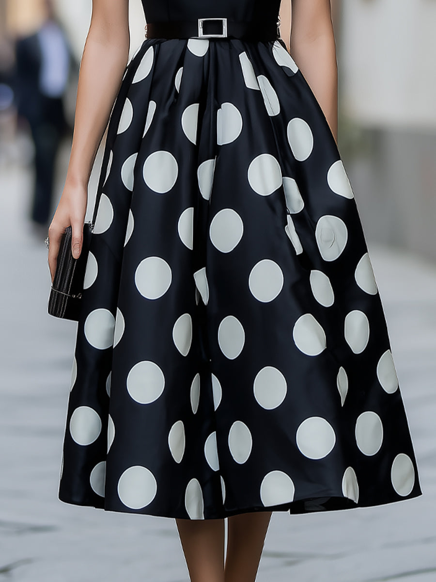 High-Waisted Polka-Dot Pleated Midi Skirt