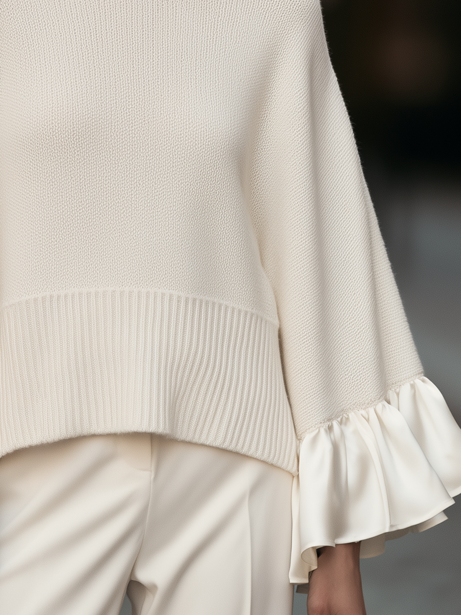 Turtleneck Satin Ruffle Cuff Oversized Cape Knit Sweater
