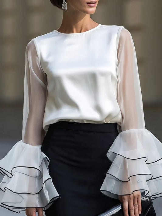 Sheer Ruffle Sleeve Satin Blouse & High-Waist Pencil Skirt Set