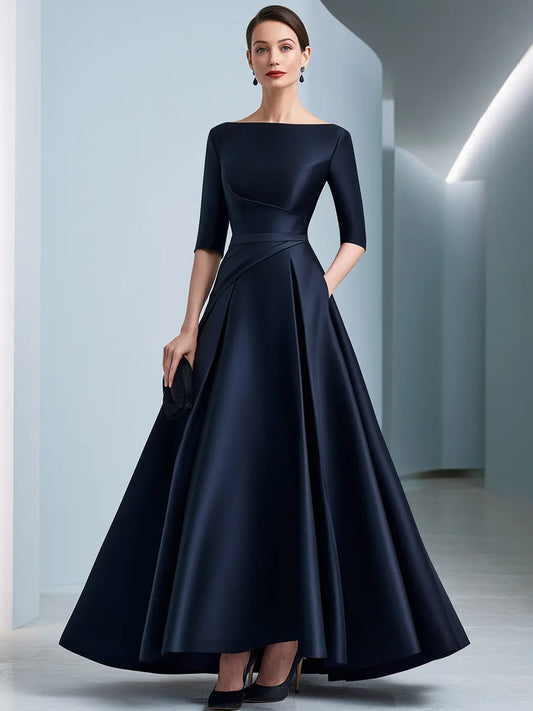 Draped Waist Bateau Neck Satin A-Line Evening Gown