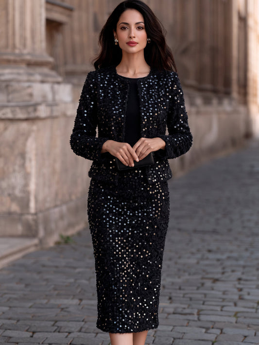 Sequin Tweed Cropped Jacket Midi Skirt Two-Piece Set