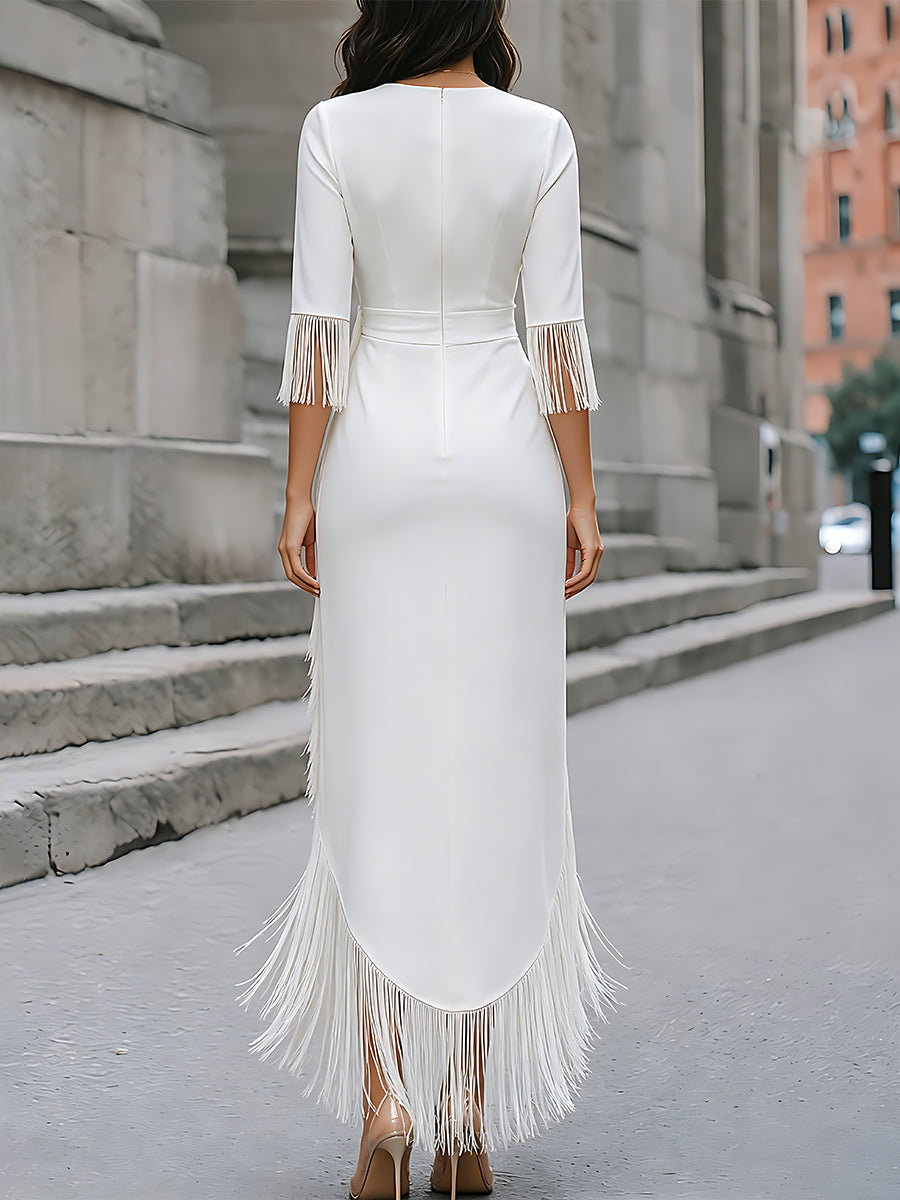 Asymmetric Fringe-Trim Wrap Maxi Dress