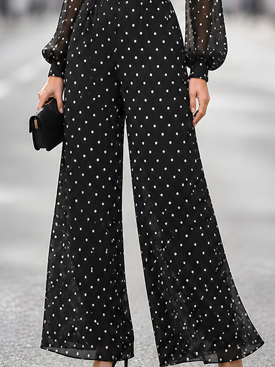 High-Neck Polka Dot Chiffon Wide-Leg Jumpsuit