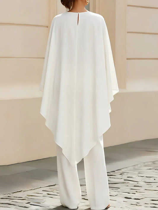 Boat Neck Cape Sleeve Cropped Blouse & High Waist Wide Leg Pants Two-Piece Set