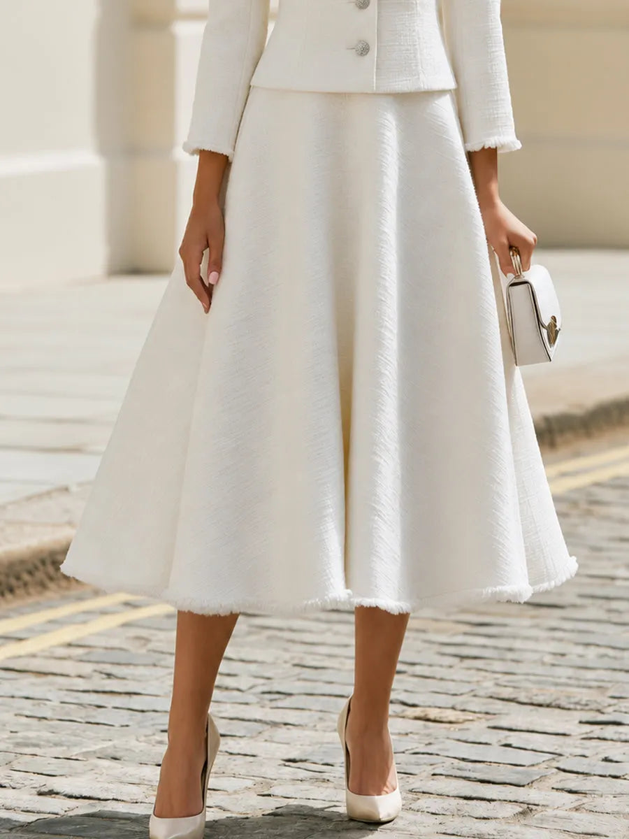 Round Neck Fringe Trim Tweed Jacket & Midi A-Line Skirt Two-Piece Suit