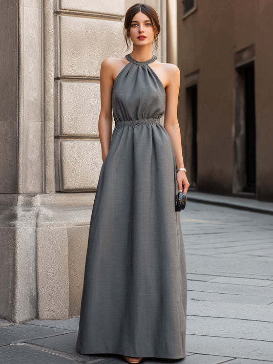 Elegant Gathered Halter Maxi Dress