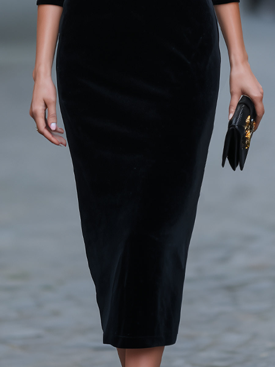 Cowl Neck Ruched Velvet Three-Quarter Sleeve Pencil Midi Dress