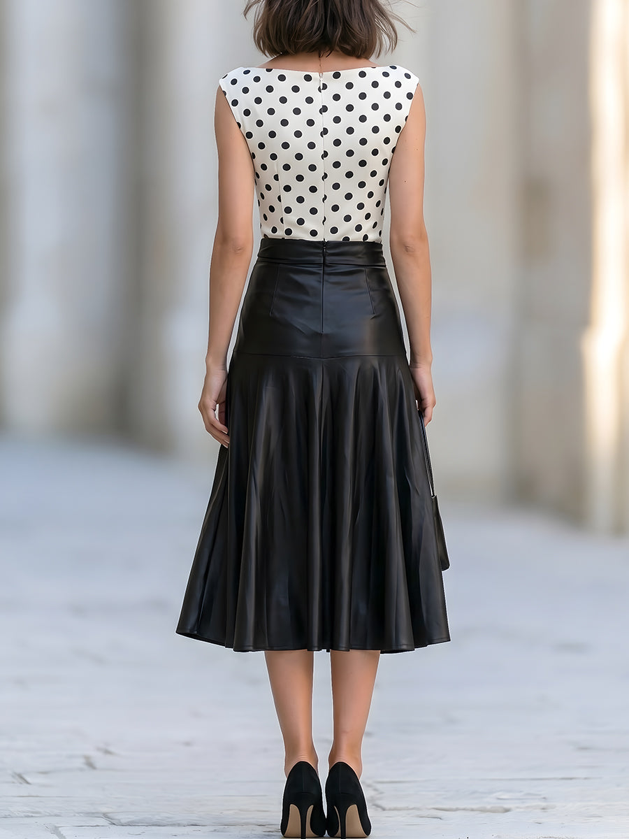 Polka Dot Satin Two-Piece Midi Skirt Set