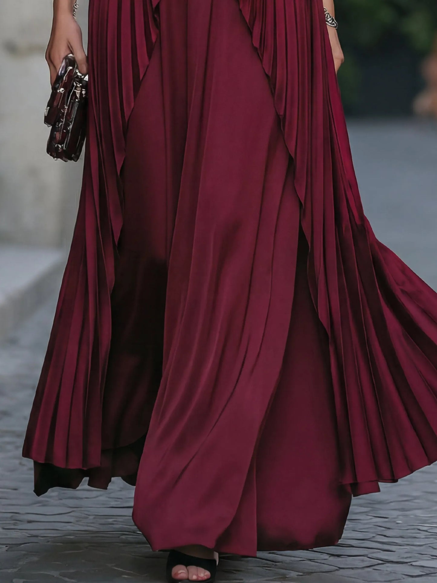 Halter Mock Neck Pleated Overlay Maxi Dress