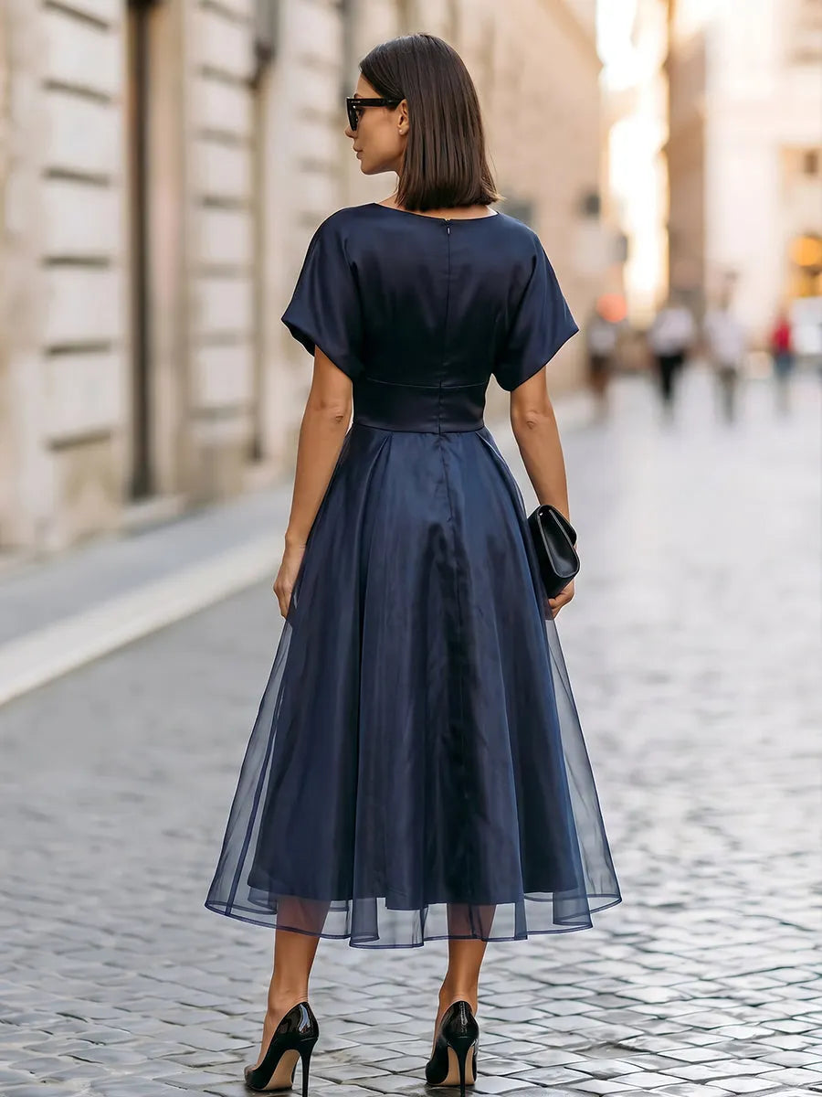 Legant Satin V-Neck Flutter Sleeve Midi Dress In A-Line Silhouette