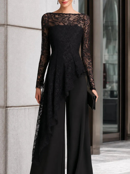 Lace Overlay Asymmetric Wide-Leg Jumpsuit