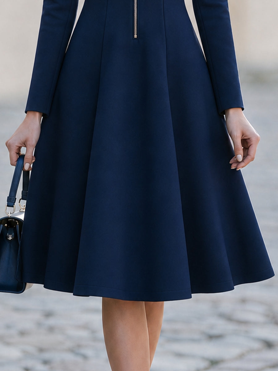 Stand Neck Front Zip Long Sleeve Flared Midi Swing A-Line Dress