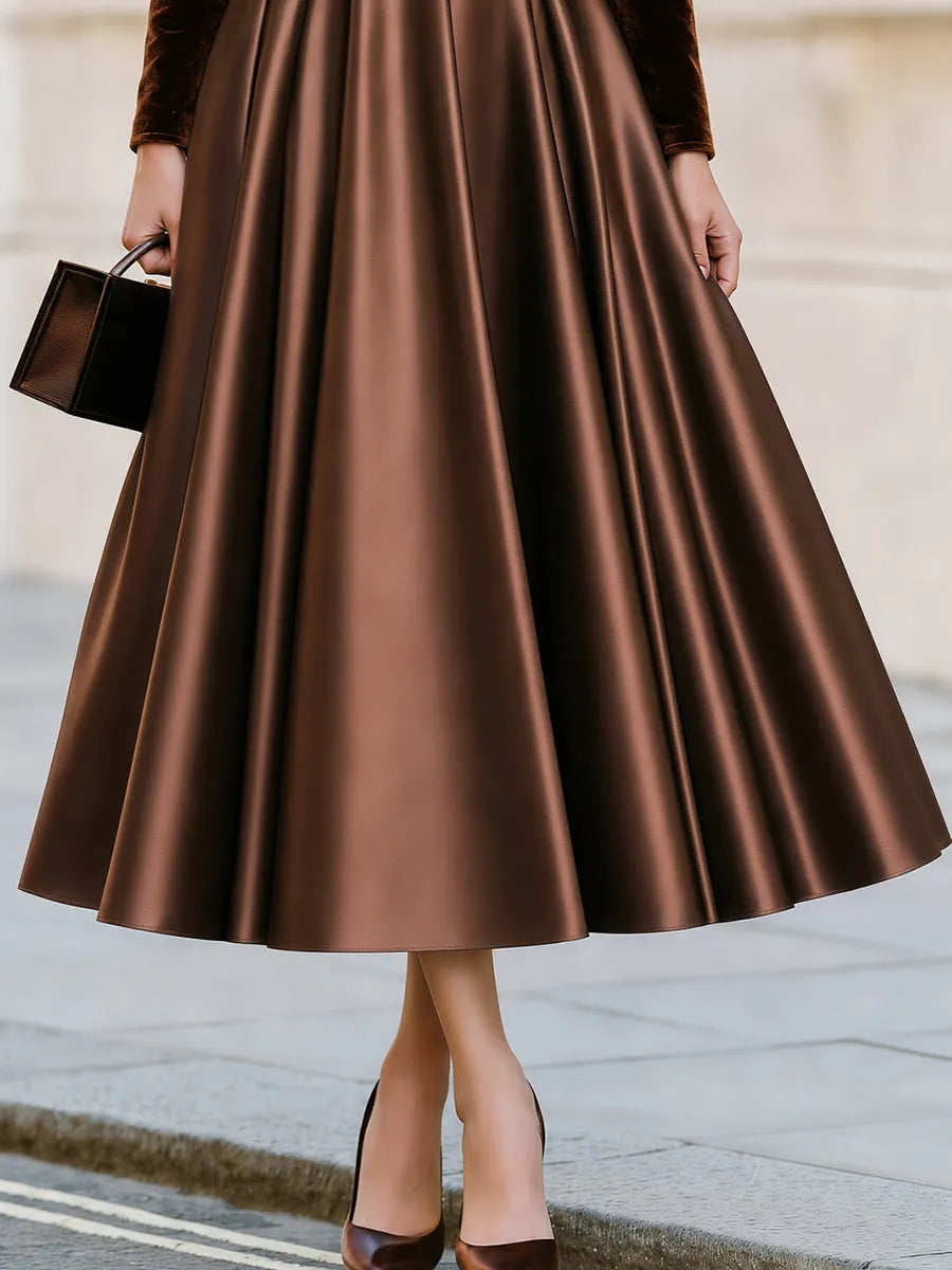 Boat Neck Long‐Sleeve Velvet‐Bodice Satin‐Skirt Midi A‐Line Dress