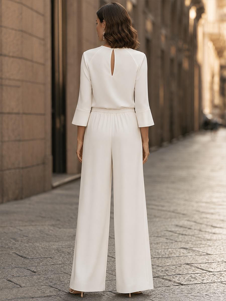 Crew-Neck Flounce-Sleeve Top And Wide-Leg Pants Set