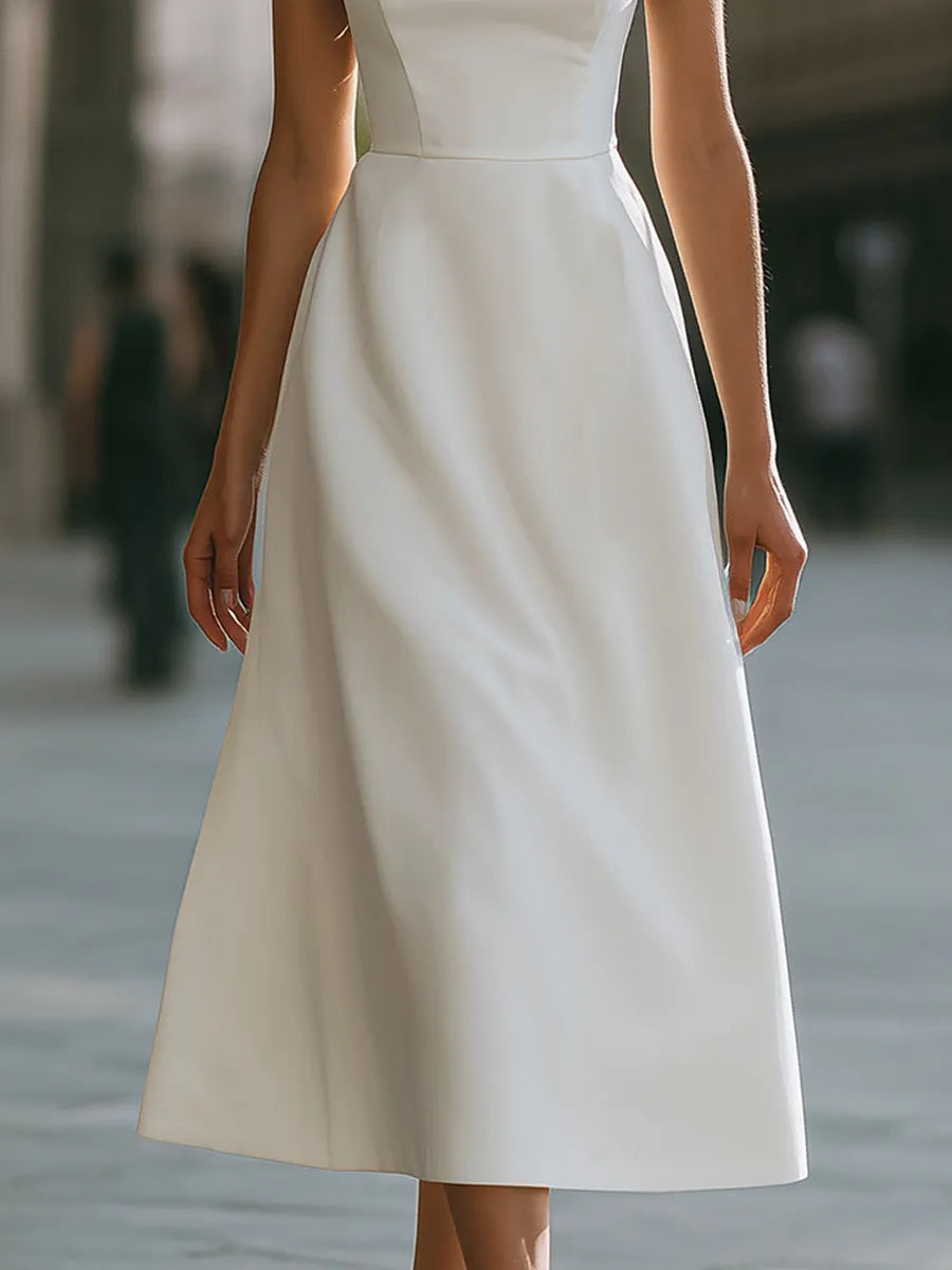 Square Neck Ruffle Strap A-Line Midi Dress