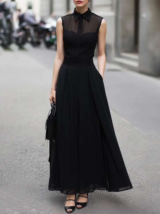 Sheer-Paneled Sleeveless Top & Collared Skirt Two-Piece Set