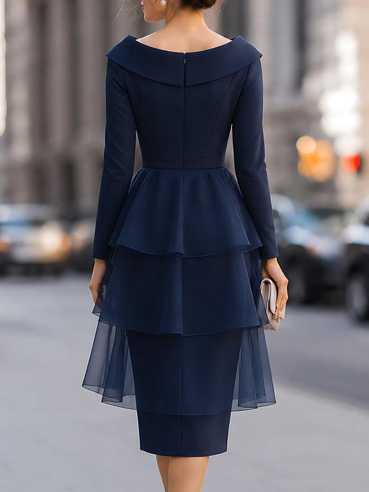 Folded-Collar Organza Tiered Pencil Midi Dress