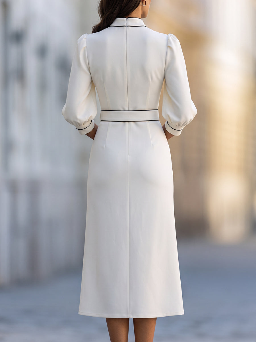 Elegant Contrast-Trim Belted Midi Dress