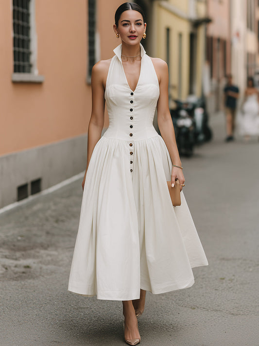 Halter Neck Button-Front Midi Dress