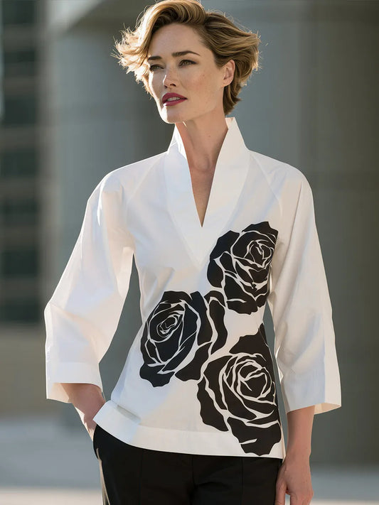 Chemisier col V imprimé floral roses