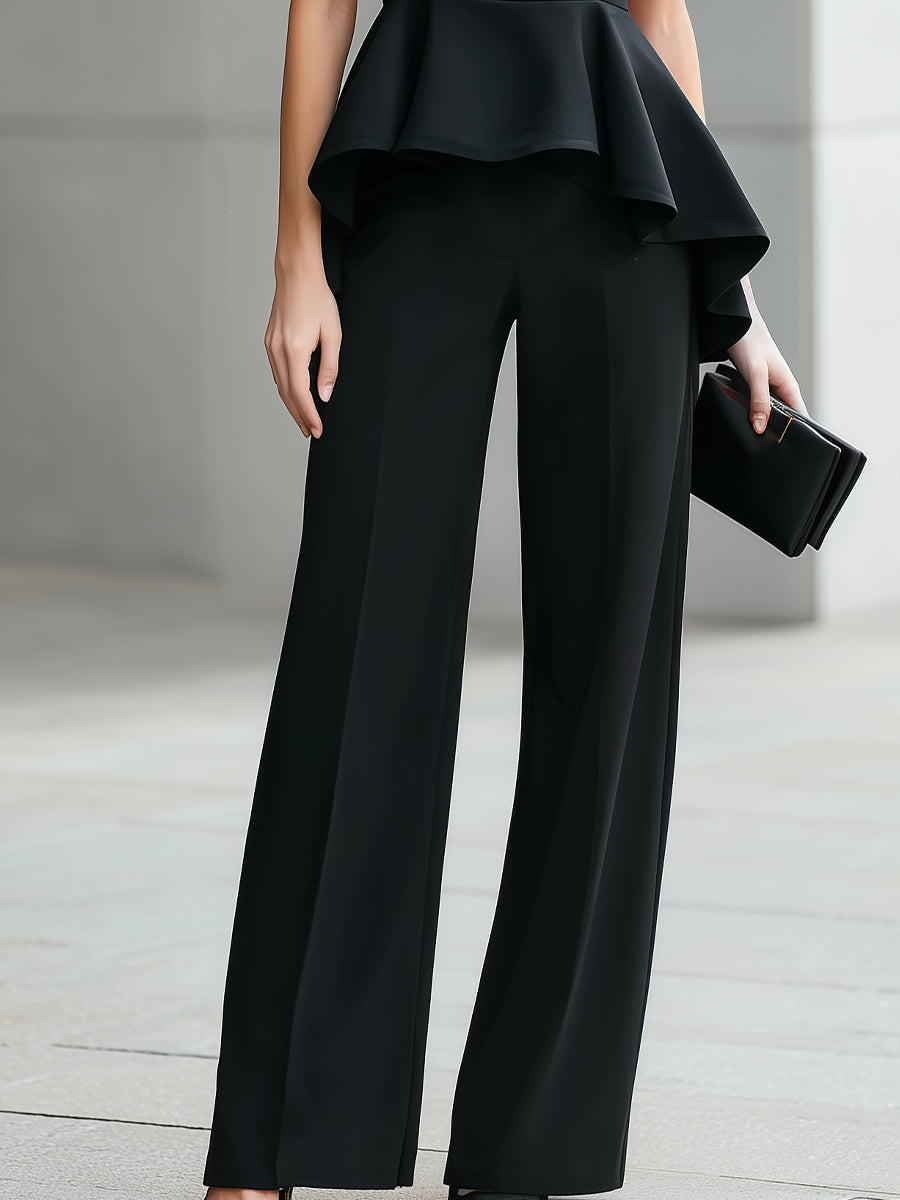 Short-Sleeve Peplum Top & High-Waisted Wide-Leg Trousers Two-Piece Suit
