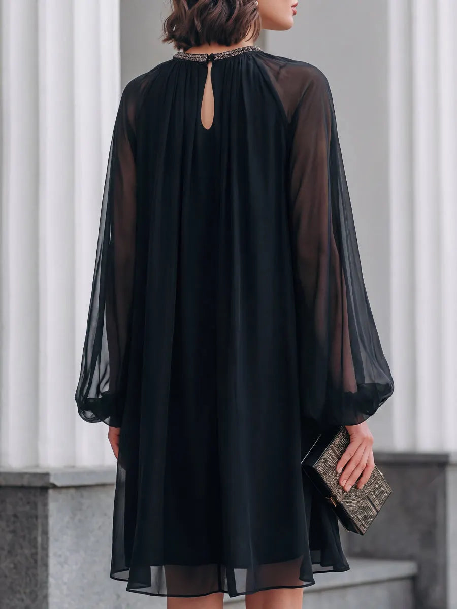 Sheer Chiffon Long Sleeve Smocked Neck Mini Dress