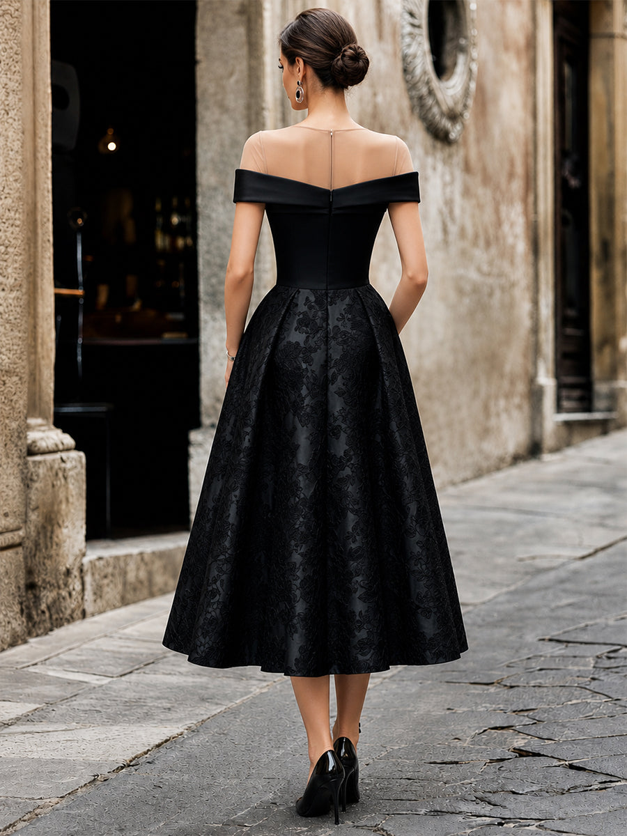 Elegant Off-the-Shoulder Wrap Bodice Floral Jacquard Formal Dress