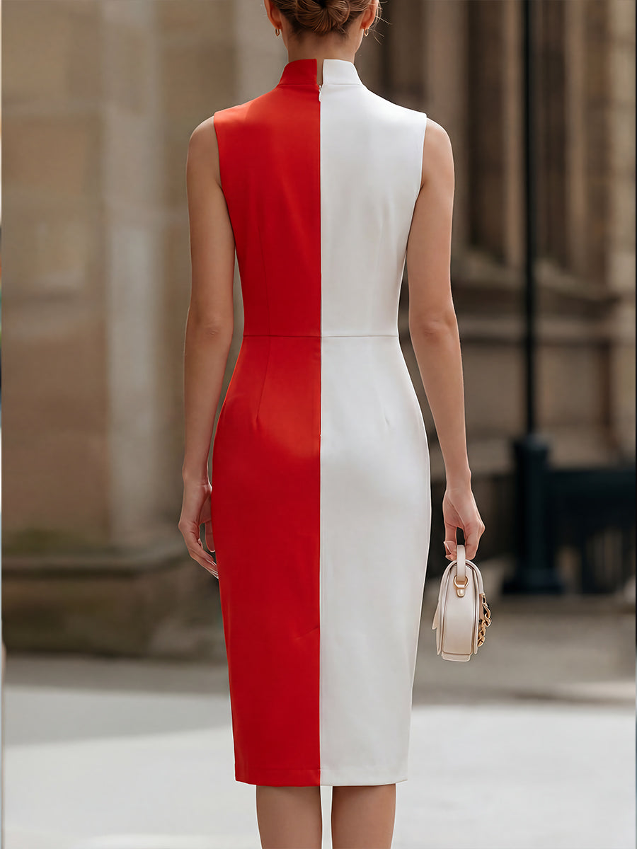 Color-Block Stand-Collar Button-Detail Midi Dress