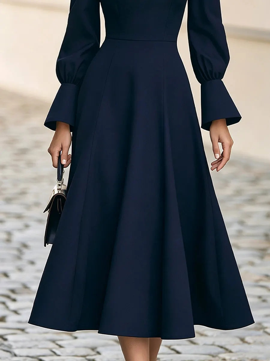 High Neck Gathered Bust A-Line Midi Dress