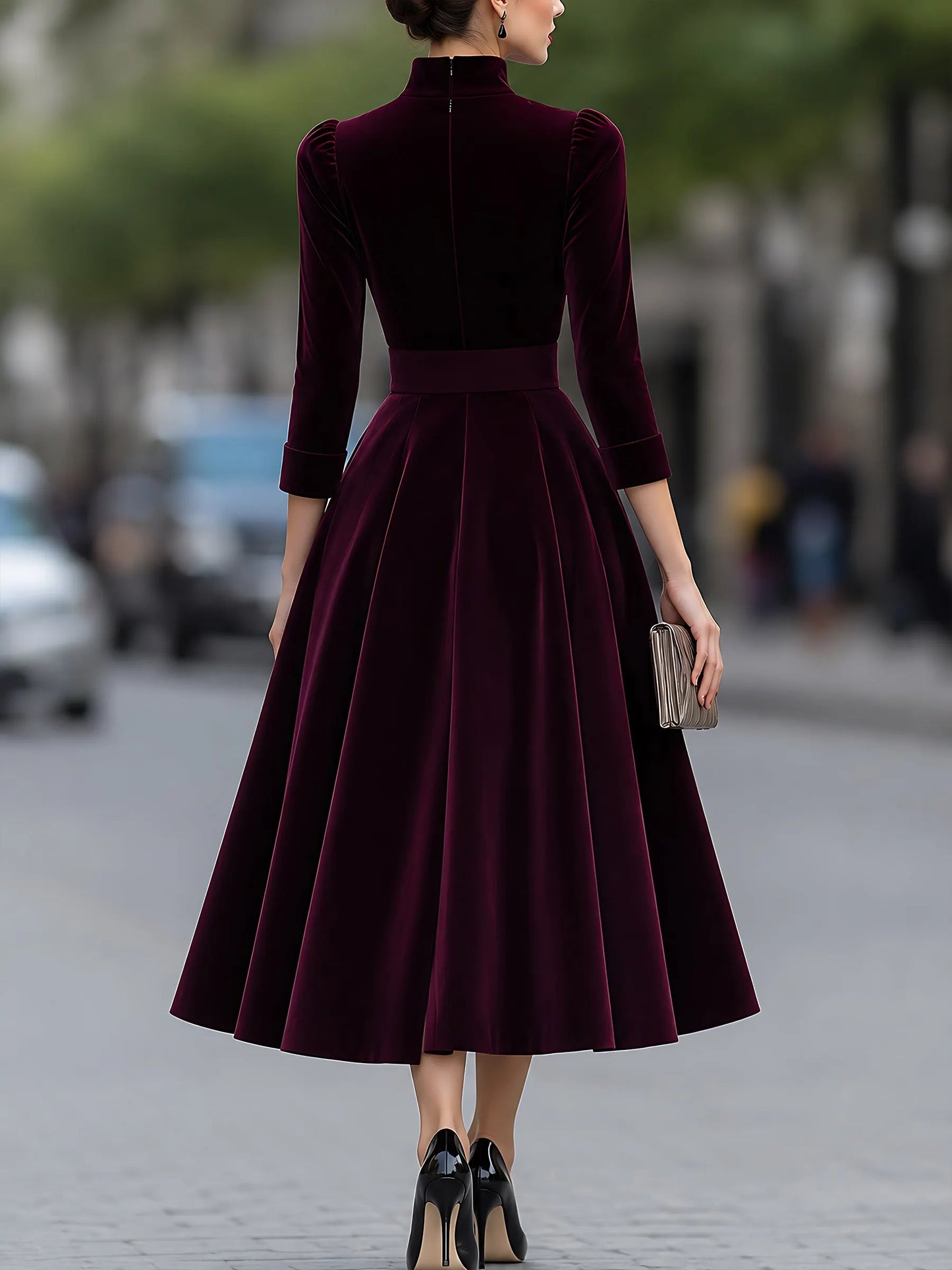 Velvet High-Neck A-Line Midi Dress