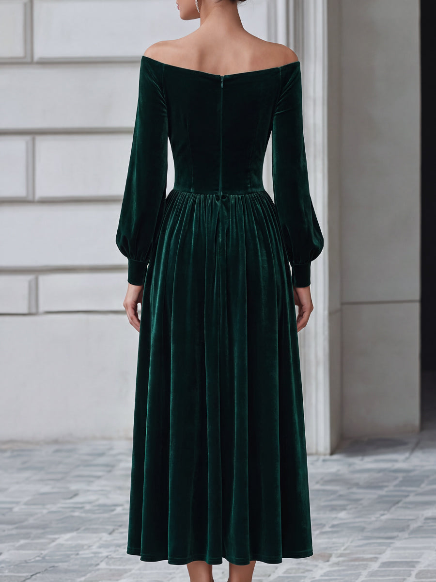 Off-Shoulder Ruched Velvet A-Line Midi Dress