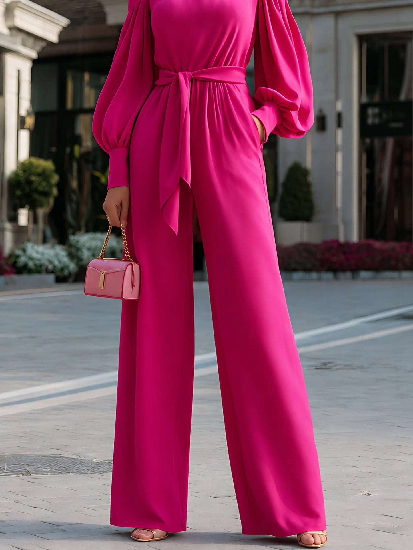 Tie-Waist Cold-Shoulder Wide-Leg Jumpsuit