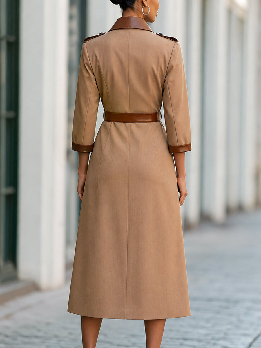 Contrast-Panel Belted Trench Midi Dress