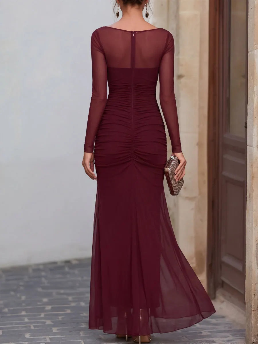Sheer Mesh Ruched Long Sleeve Slit Maxi Dress