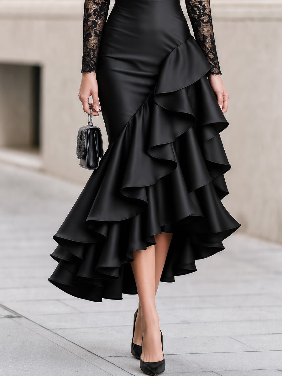 Long‐Sleeve Floral Lace Bodice Satin Asymmetrical Ruffle High‐Low Evening Dress