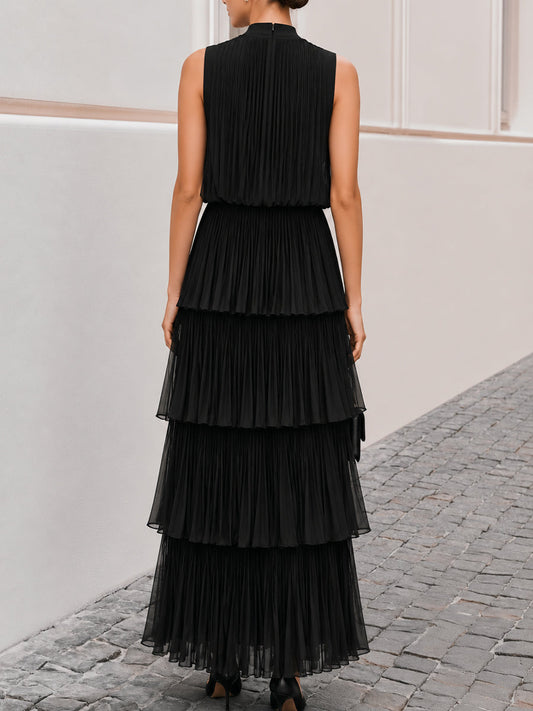 Sleeveless High Neck Pleated Tiered Chiffon Maxi Dress