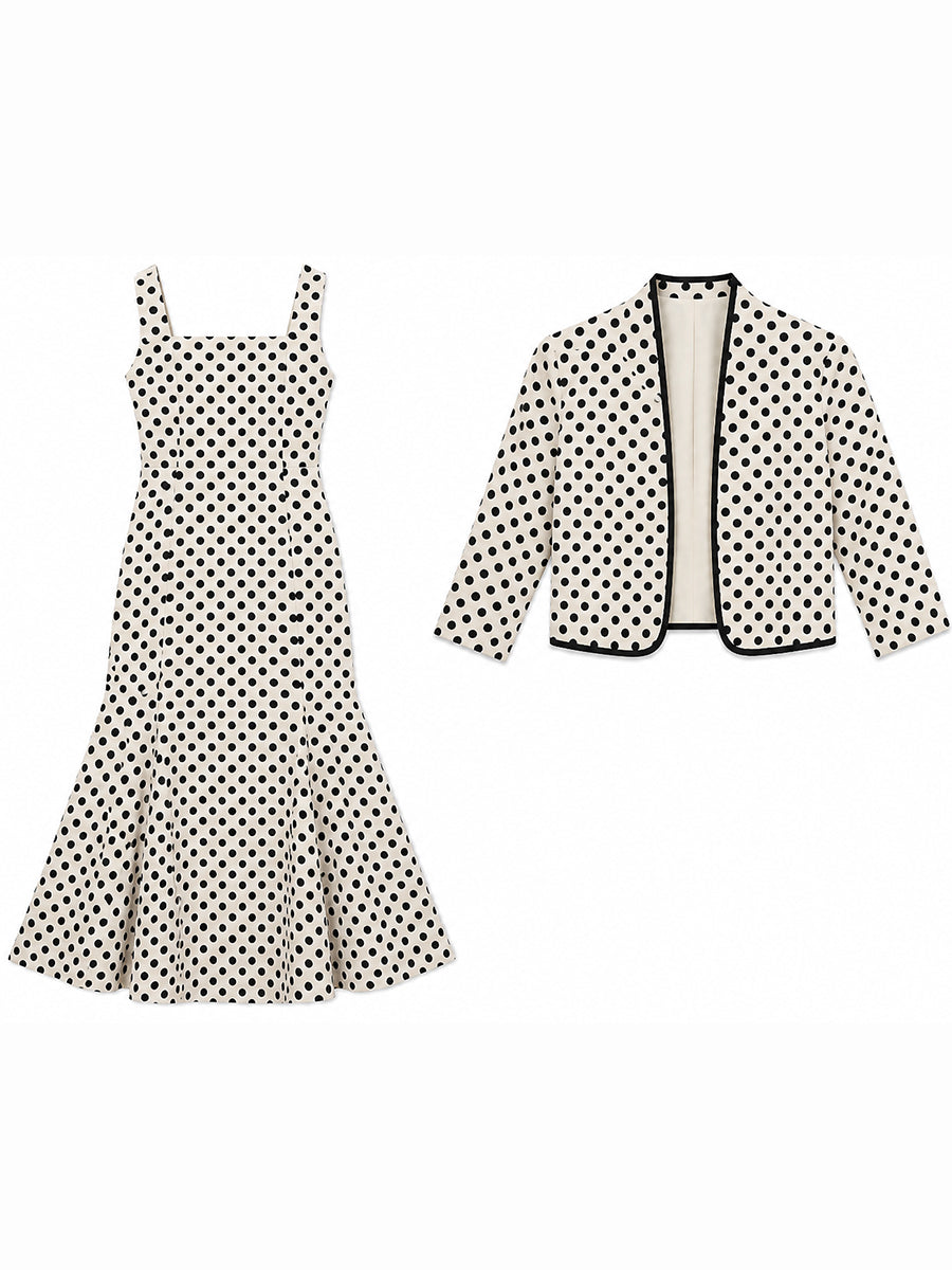 Polka Dot Cropped Blazer And Midi Dress Set