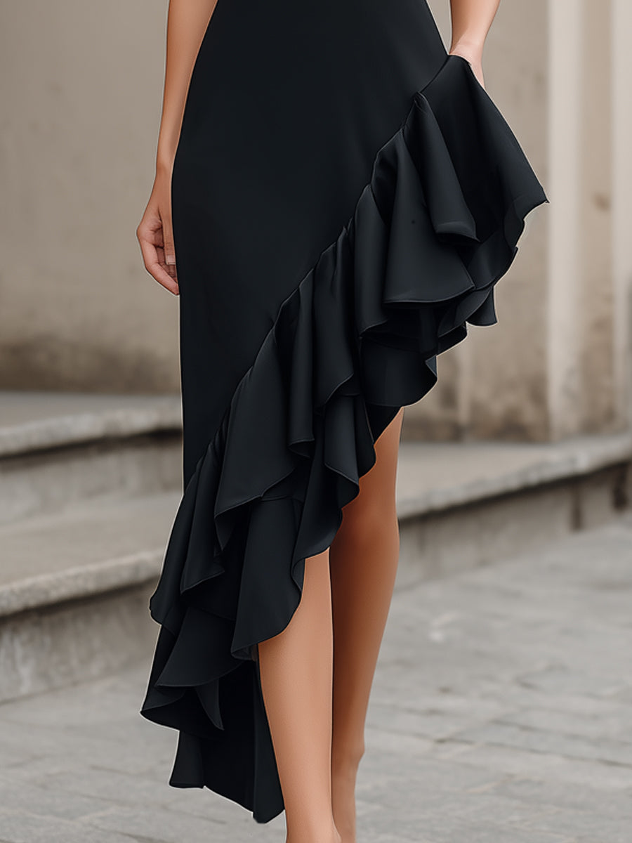 Asymmetric Ruffle Hem Slip Midi Dress