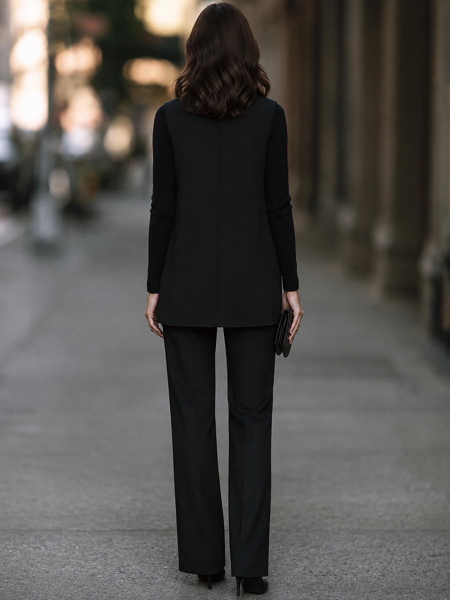 Turtleneck Knit Top, Deep V Sleeveless Tunic And Wide-Leg Trouser Three-Piece Set