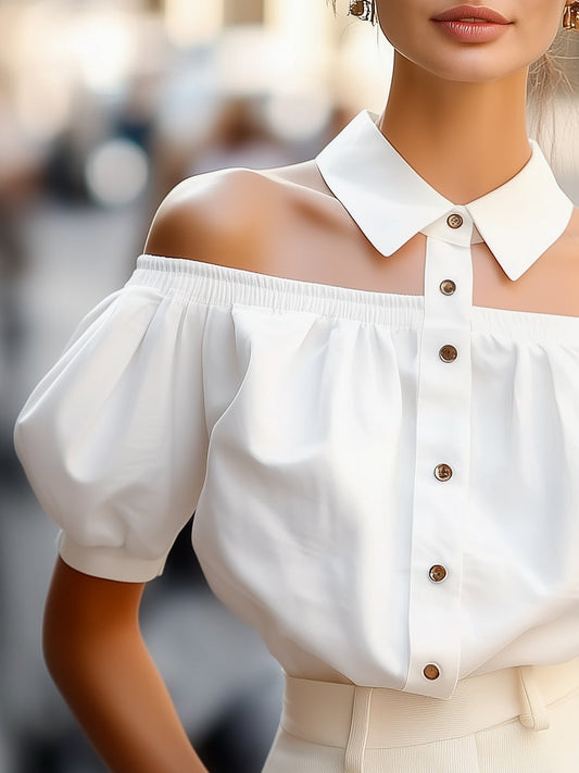 Blusa Chic Ombro a Ombro com Botões e Gola de Destaque