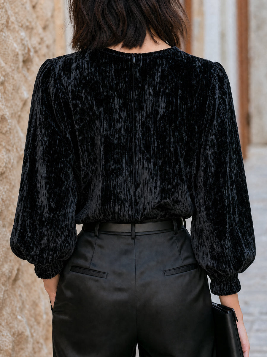Crushed Velvet Puff-Sleeve Blouse