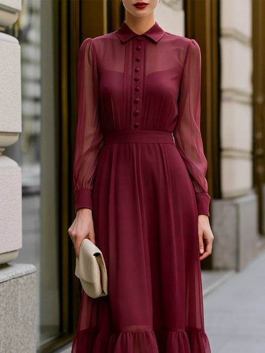 Button-Front Chiffon Layered Ruffle Midi Dress