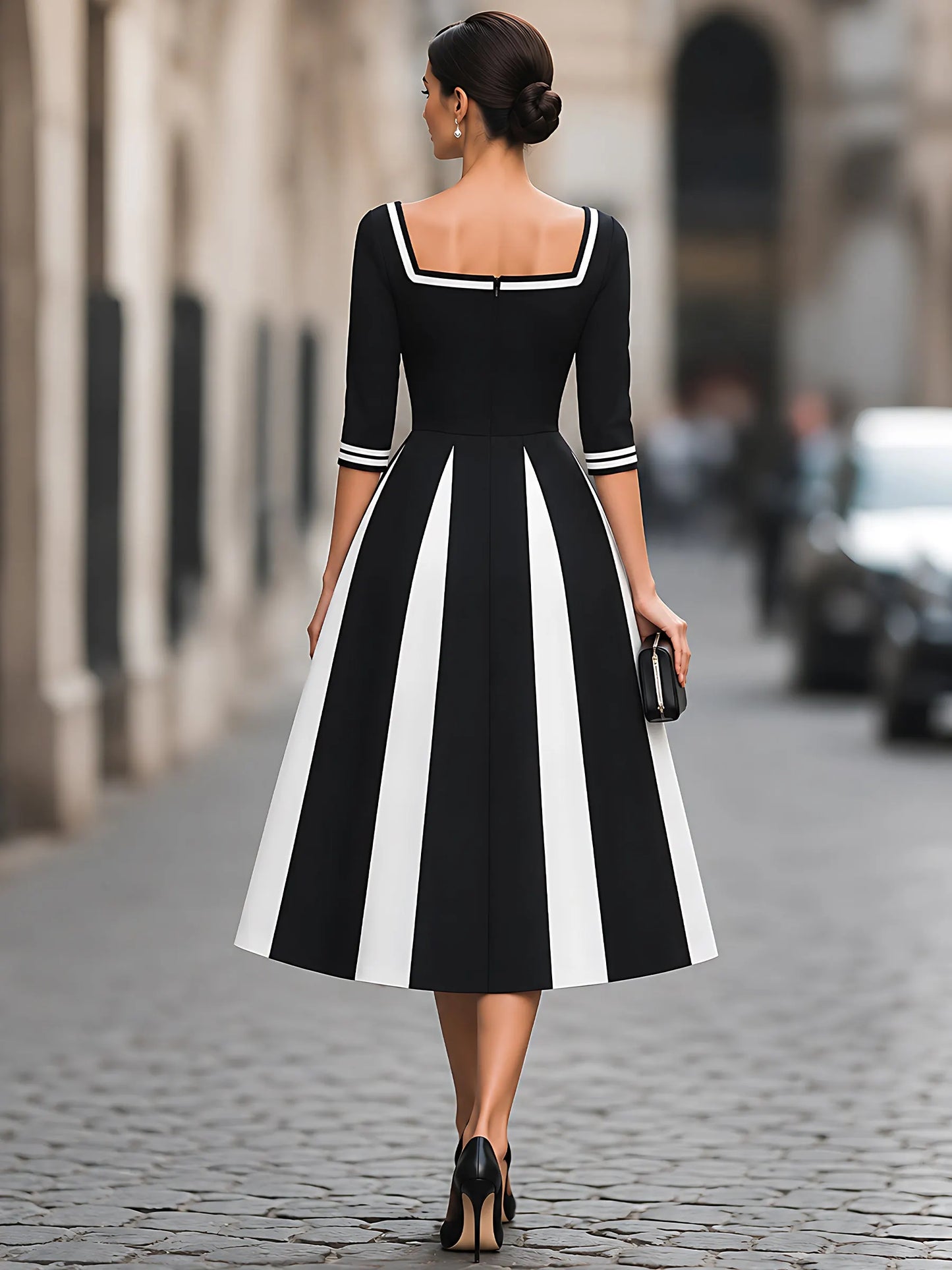 Contrast-Panel Square-Neck A-Line Midi Dress