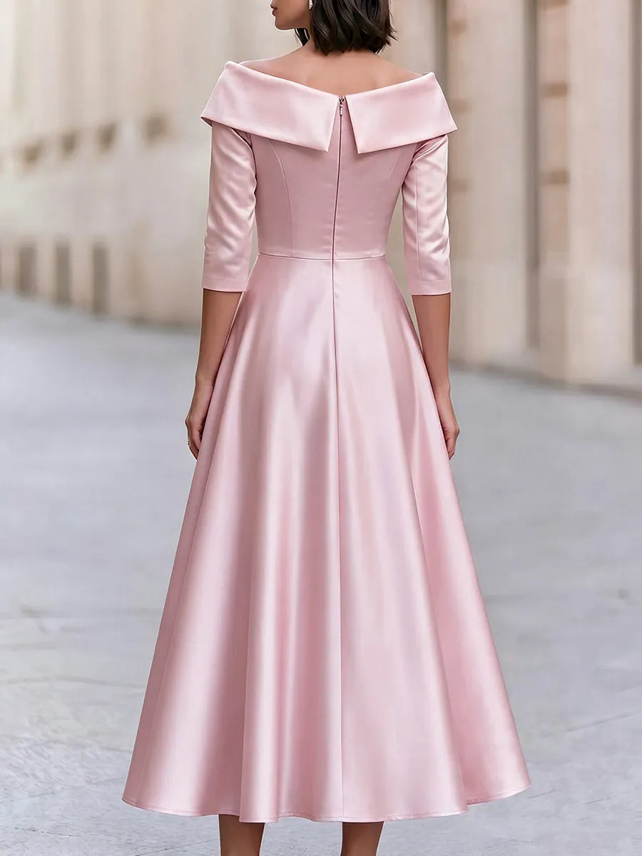 Satin Off-Shoulder A-Line Midi Dress