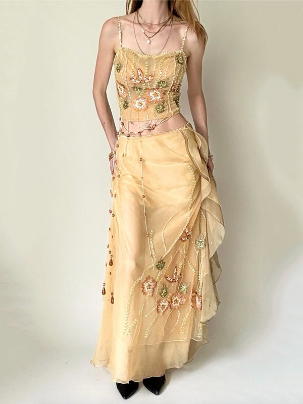 Sequinned Flower Sleeveless Spaghetti-Neck Vest & Ruffled Skirt Two-Pieces Sets Fairytale Dress