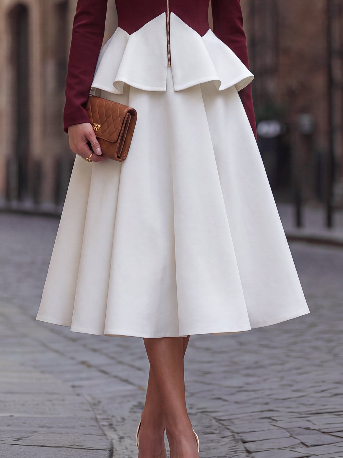 Color-Block Peplum Zip-Front Midi Dress