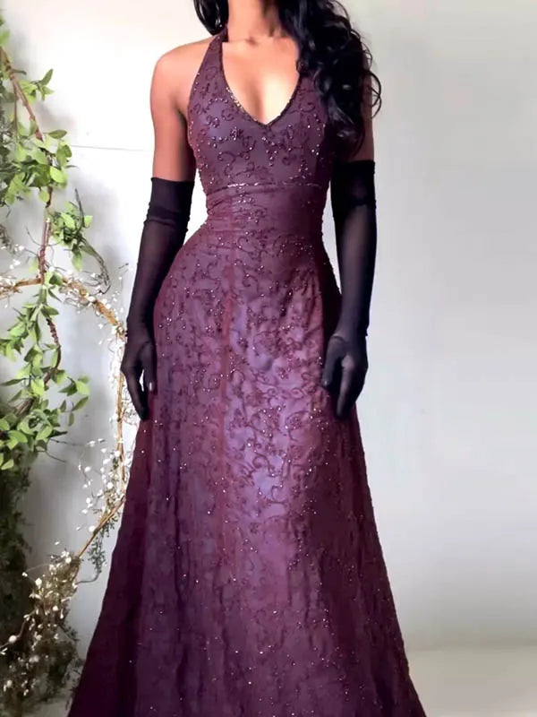 Sequinned Sleeveless Halterneck Evening Mermaid Maxi Dresses Fairytale Dress